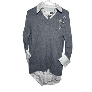 Cinq a Sept Sweater Dress Women XS Gray White Rhinestone Pins V-Neck Pullover